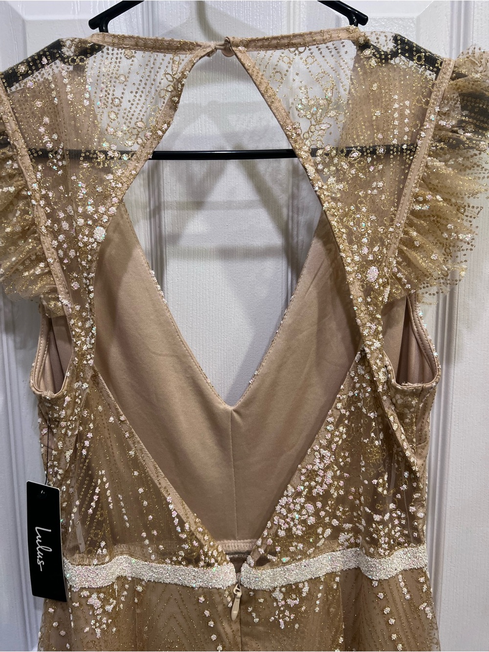 Spread My Shine Beige Glitter Ruffled Backless Mini Dress - Picture 6 of 7